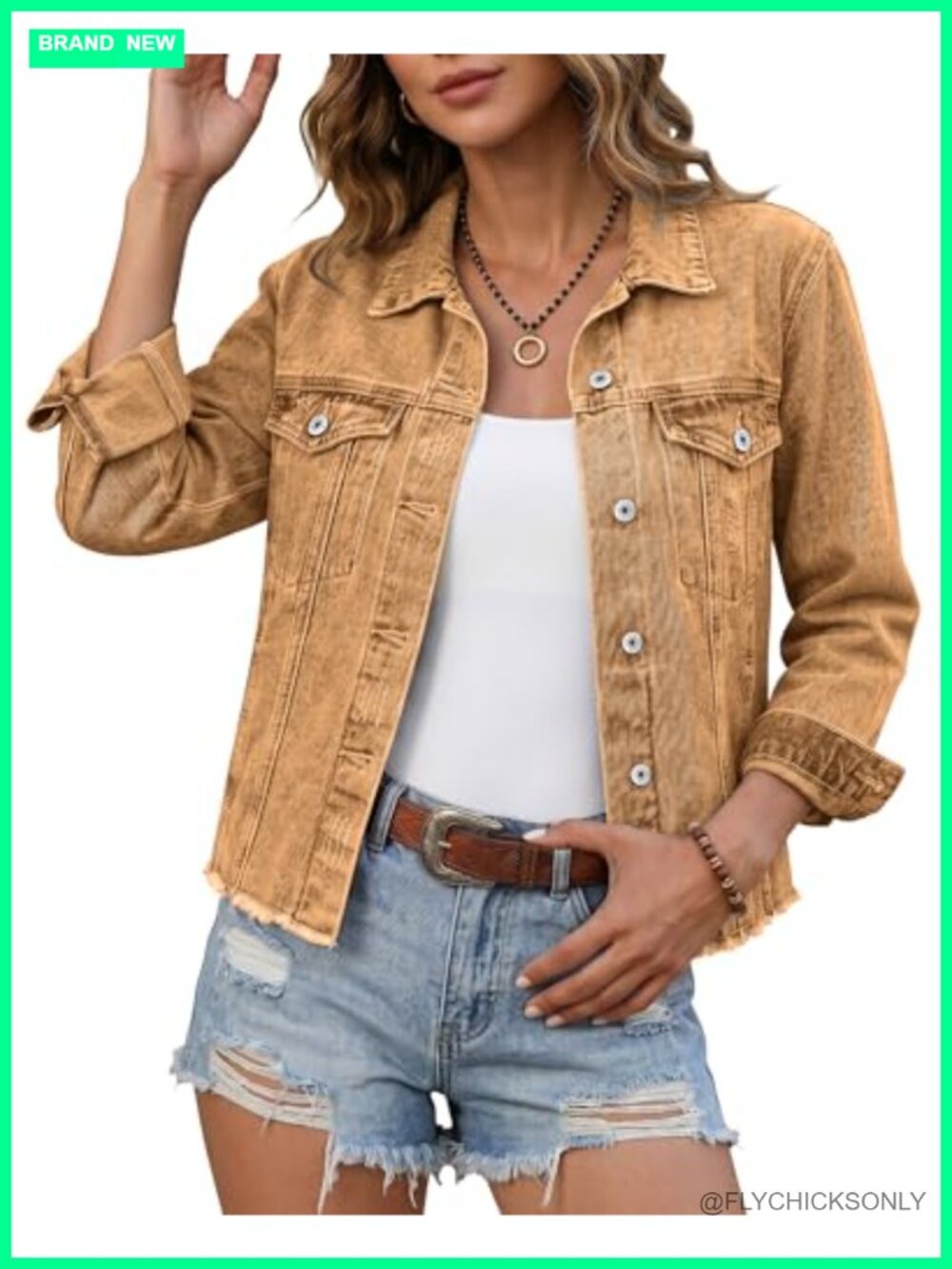 Womens Oversized Denim Jacket Distressed Frayed Hem Button Up Western Trucker